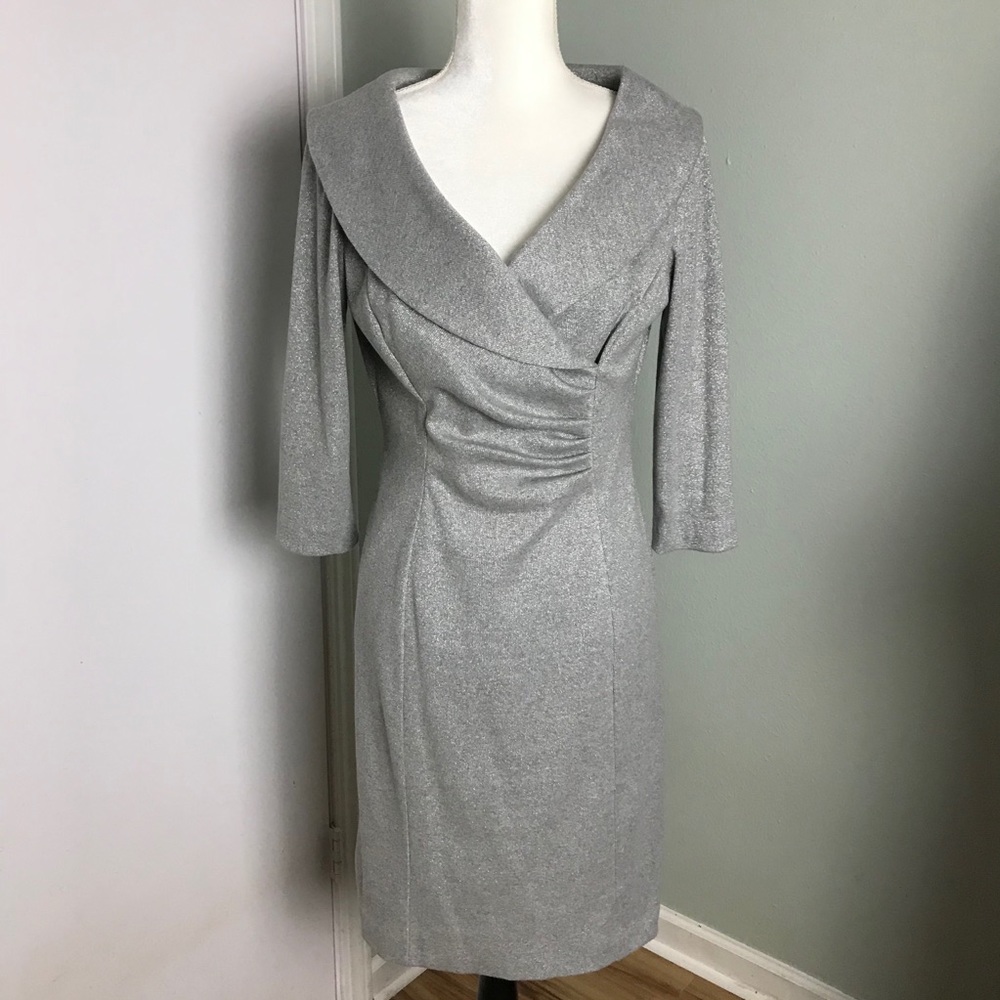 Tahari Silver Long Sleeve Dress